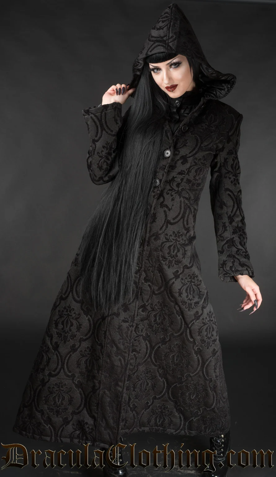 Black Brocade Hooded Coat - Image 3