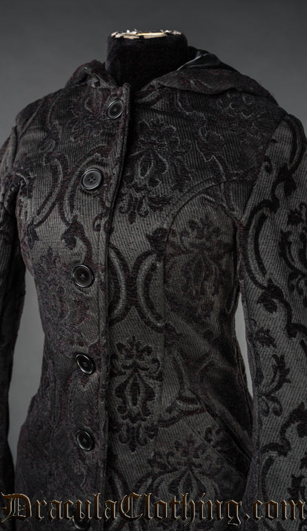 Black Brocade Hooded Coat - Image 6